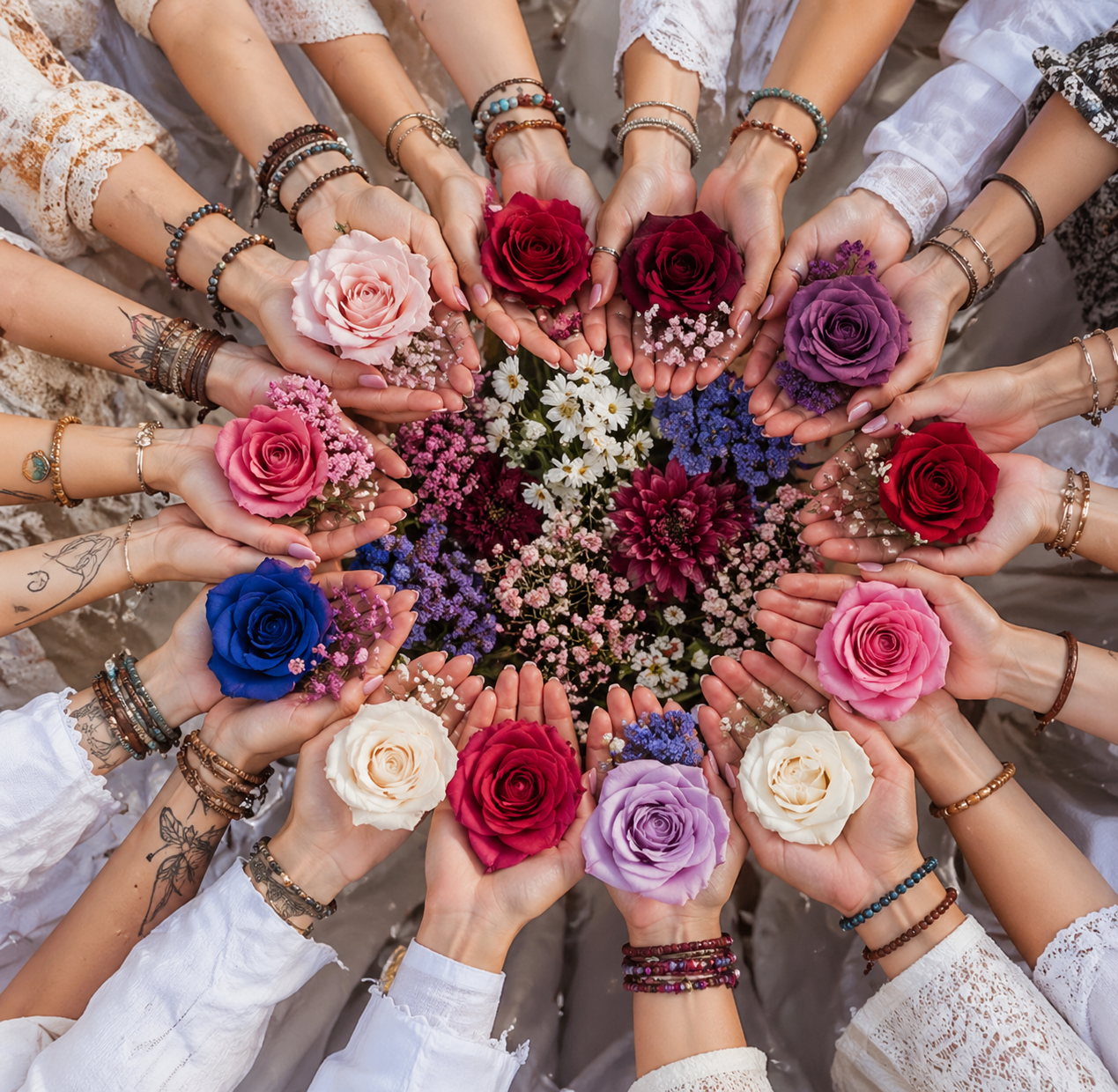 Vista cenital de un círculo de manos de mujeres alrededor de flores de colores