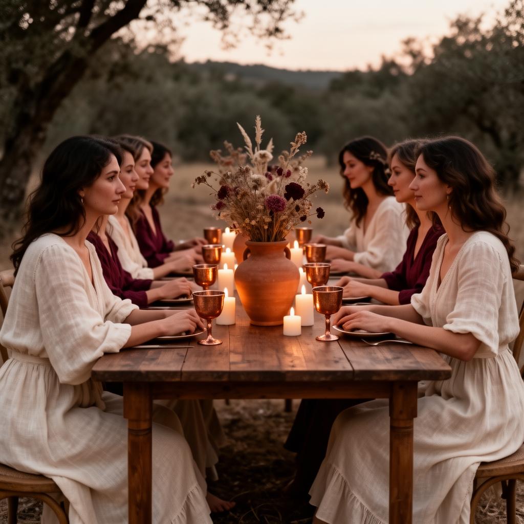 Círculo de mujeres en una mesa al atardecer