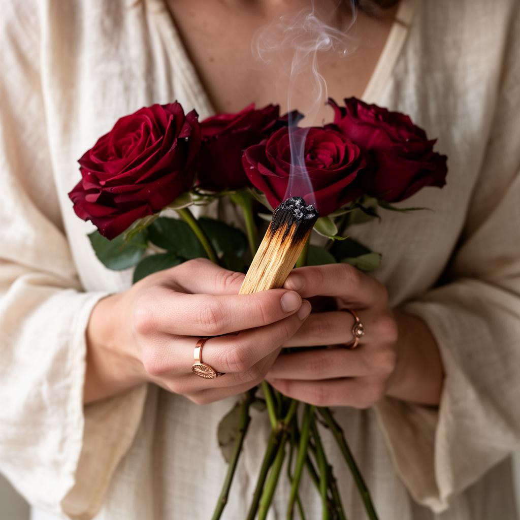 Manos sosteniendo rosas y palo santo