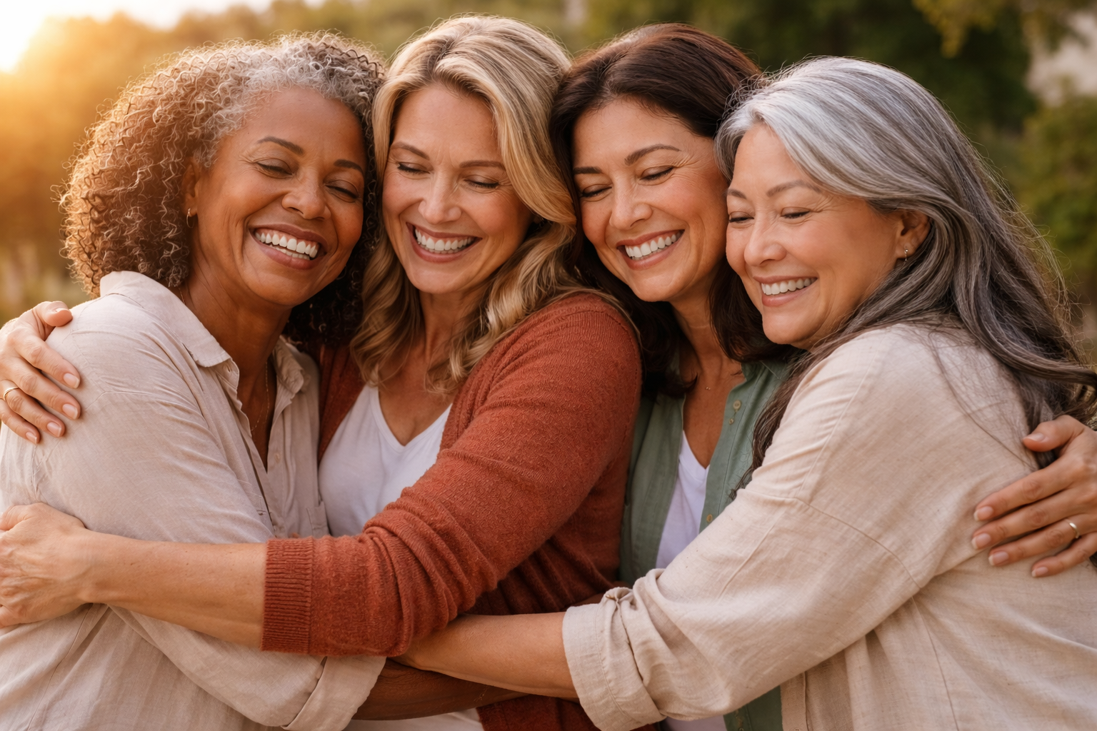 Grupo de mujeres en la naturaleza riendo y abrazándose al atardecer